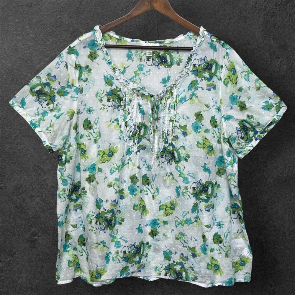Dressbarn Woman 18/20 Green Blue Floral Swiss Dot Ruffle Tie Neck Cotton Blouse